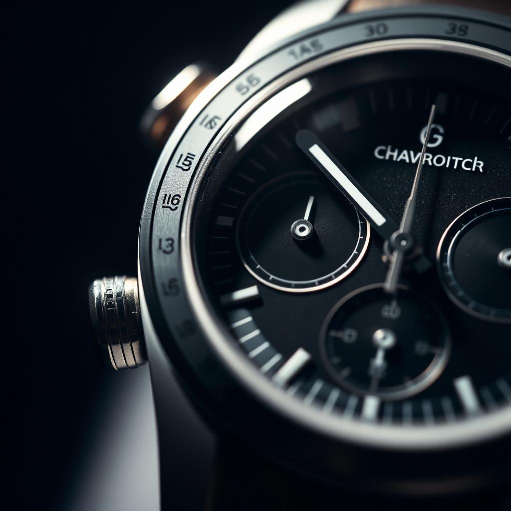 Macro detail of a mechanical chronograph dial in low light
